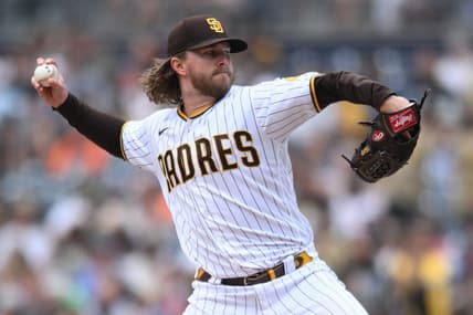 Oct 5, 2022; San Diego, California, USA; San Diego Padres relief pitcher Pierce Johnson (36) throws a pitch against the San Francisco Giants during the eighth inning at Petco Park. Mandatory Credit: Orlando Ramirez-USA TODAY Sports