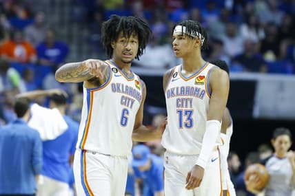 Oct 5, 2022; Tulsa, Oklahoma, USA; Oklahoma City Thunder forward Jaylin Williams (6) and forward Ousmane Dieng (13) talk during a time out against the Dallas Mavericks during the second half of a pre-season game at BOK Center. Dallas won 98-96. Mandatory Credit: Alonzo Adams-USA TODAY Sports