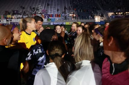 Oct 1, 2022; Louisville, Kentucky, USA;  Racing Louisville FC players huddle after the game against Kansas City Current at Lynn Family Stadium. Mandatory Credit: EM Dash-USA TODAY Sports