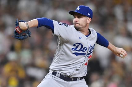 Oct 14, 2022; San Diego, California, USA; Los Angeles Dodgers starting pitcher Andrew Heaney (28) throws a pitch in the second inning against the San Diego Padres during game three of the NLDS for the 2022 MLB Playoffs at Petco Park. Mandatory Credit: Orlando Ramirez-USA TODAY Sports