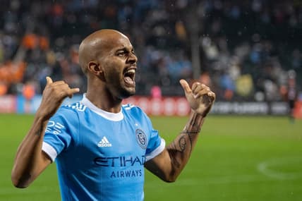 Oct 17, 2022; Queens, New York, USA;  New York City FC forward Heber (9) celebrates his goal in the 92nd minute during the second half of a MLS Eastern Conference quarterfinal match against Inter Miami CF at Citi Field. Mandatory Credit: Mark Smith-USA TODAY Sports