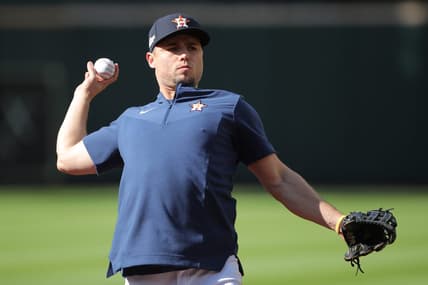 Oct 20, 2022; Houston, Texas, USA; Houston Astros left fielder Aledmys Diaz (16) throws before game two of the ALCS against the New York Yankees for the 2022 MLB Playoffs at Minute Maid Park. Mandatory Credit: Erik Williams-USA TODAY Sports