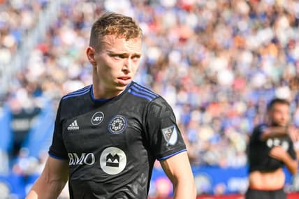 Oct 23, 2022; Montreal, Quebec, Canada; Look on CF Montreal defender Alistair Johnston (22) against New York City FC during the first half of the conference semifinals for the Audi 2022 MLS Cup Playoffs at Stade Saputo. Mandatory Credit: David Kirouac-USA TODAY Sports