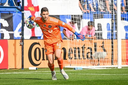 Oct 23, 2022; Montreal, Quebec, Canada; CF Montreal goalkeeper James Pantemis (41) throws the ball back into play against New York City FC during the first half of the conference semifinals for the Audi 2022 MLS Cup Playoffs at Stade Saputo. Mandatory Credit: David Kirouac-USA TODAY Sports