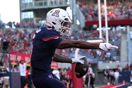 Oct 29, 2022; Tucson, Arizona, USA; Arizona Wildcats wide receiver Dorian Singer (5) reacts after being ruled out of bounds against the USC Trojans during the first half at Arizona Stadium. Mandatory Credit: Joe Camporeale-USA TODAY Sports