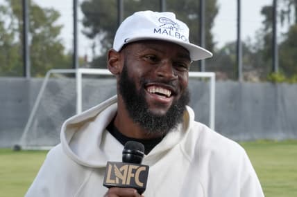 Nov 1, 2022; Los Angeles, California, USA; LAFC defender defender Sebastien Ibeagha during press conference at the Nectar Performance Center. Mandatory Credit: Kirby Lee-USA TODAY Sports