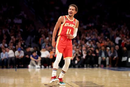 Nov 2, 2022; New York, New York, USA; Atlanta Hawks guard Trae Young (11) reacts towards the fans after a three point shot against the New York Knicks during the second quarter at Madison Square Garden. Mandatory Credit: Brad Penner-USA TODAY Sports