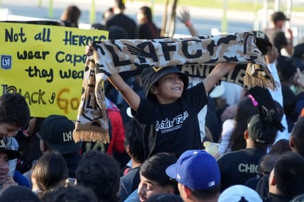 Nov 6, 2022; Los Angeles, California, USA; LAFC fans react during the MLS Cup championship celebration at Exposition Park. Mandatory Credit: Kirby Lee-USA TODAY Sports