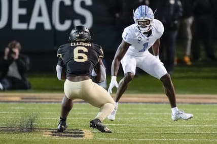 Nov 12, 2022; Winston-Salem, North Carolina, USA;  Wake Forest Demon Deacons running back Justice Ellison (6) tries to evade North Carolina Tar Heels defensive back Tony Grimes (1) during the second half at Truist Field. Mandatory Credit: Jim Dedmon-USA TODAY Sports