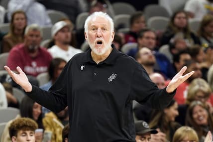 Nov 23, 2022; San Antonio, Texas, USA; San Antonio Spurs head coach Gregg Popovich argues a call during the second half against the New Orleans Pelicans at AT&T Center. Mandatory Credit: Scott Wachter-USA TODAY Sports