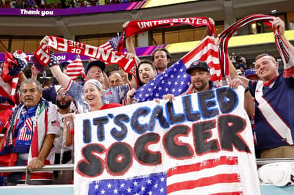 Nov 29, 2022; Doha, Qatar; United States of America fans celebrate after winning a group stage match against Iran to advance to the round of sixteen during the 2022 World Cup at Al Thumama Stadium. Mandatory Credit: Yukihito Taguchi-USA TODAY Sports