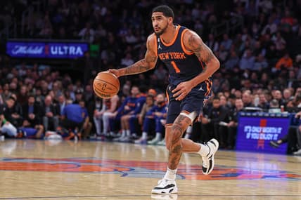 Nov 30, 2022; New York, New York, USA; New York Knicks forward Obi Toppin (1) dribbles during the first half against the Milwaukee Bucks at Madison Square Garden. Mandatory Credit: Vincent Carchietta-USA TODAY Sports