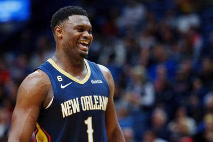 Nov 30, 2022; New Orleans, Louisiana, USA; New Orleans Pelicans forward Zion Williamson (1) reacts during the third quarter against the Toronto Raptors at Smoothie King Center. Mandatory Credit: Andrew Wevers-USA TODAY Sports