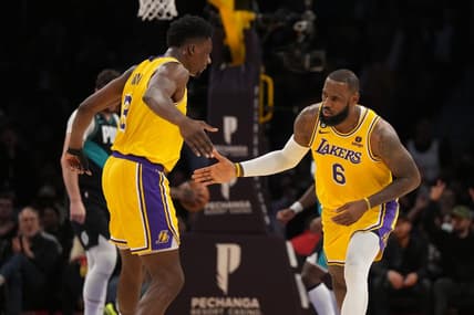 Nov 30, 2022; Los Angeles, California, USA; Los Angeles Lakers forward LeBron James (6) and center Thomas Bryant (31) celebrate against the Portland Trail Blazers in the first half at Crypto.com Arena. Mandatory Credit: Kirby Lee-USA TODAY Sports