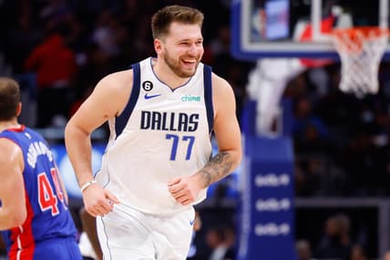 Dec 1, 2022; Detroit, Michigan, USA;  Dallas Mavericks guard Luka Doncic (77) runs up court against the Detroit Pistons at Little Caesars Arena. Mandatory Credit: Rick Osentoski-USA TODAY Sports