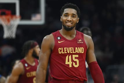 Dec 2, 2022; Cleveland, Ohio, USA; Cleveland Cavaliers guard Donovan Mitchell (45) reacts after being called for traveling during the first half against the Orlando Magic at Rocket Mortgage FieldHouse. Mandatory Credit: Ken Blaze-USA TODAY Sports