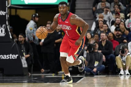 Dec 2, 2022; San Antonio, Texas, USA; New Orleans forward Zion Williamson (1) dribbles up court during the first half against the San Antonio Spurs at AT&T Center. Mandatory Credit: Scott Wachter-USA TODAY Sports