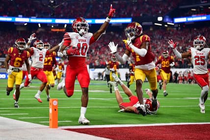 Dec 2, 2022; Las Vegas, NV, USA; Utah Utes wide receiver Money Parks (10) runs the ball for a touchdown against the Southern California Trojans during the second half of the PAC-12 Football Championship at Allegiant Stadium. Mandatory Credit: Gary A. Vasquez-USA TODAY Sports
