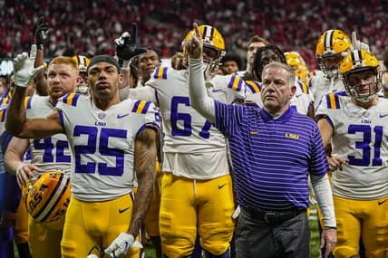 Dec 3, 2022; Atlanta, GA, USA; LSU Tigers head coach Brian Kelly reacts towards the fans after being defeated by the Georgia Bulldogs in the SEC Championship game at Mercedes-Benz Stadium. Mandatory Credit: Dale Zanine-USA TODAY Sports