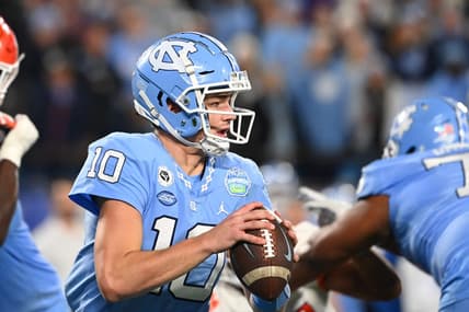 Dec 3, 2022; Charlotte, North Carolina, USA;  North Carolina Tar Heels quarterback Drake Maye (10) passes the ball in the first quarter at Bank of America Stadium. Mandatory Credit: Bob Donnan-USA TODAY Sports