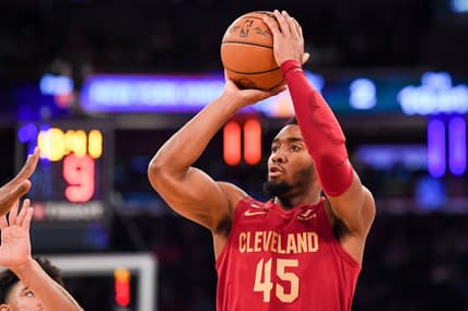 Dec 4, 2022; New York, New York, USA; Cleveland Cavaliers guard Donovan Mitchell (45) attempts a shot against the New York Knicks during the first quarter at Madison Square Garden. Mandatory Credit: Dennis Schneidler-USA TODAY Sports