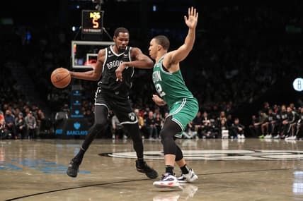 Dec 4, 2022; Brooklyn, New York, USA;  Brooklyn Nets forward Kevin Durant (7) looks to drive past Boston Celtics forward Grant Williams (12) in the third quarter at Barclays Center. Mandatory Credit: Wendell Cruz-USA TODAY Sports