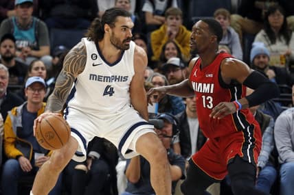 Dec 5, 2022; Memphis, Tennessee, USA; Memphis Grizzlies center Steven Adams (4) dribbles as Miami Heat center Bam Adebayo (13) defends during the first half at FedExForum. Mandatory Credit: Petre Thomas-USA TODAY Sports