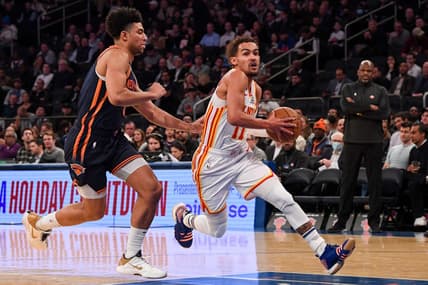 Dec 7, 2022; New York, New York, USA;   Atlanta Hawks guard Trae Young (11) drives to the basket on New York Knicks guard Quentin Grimes (6) during the first quarter at Madison Square Garden. Mandatory Credit: Dennis Schneidler-USA TODAY Sports