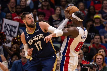 Dec 7, 2022; New Orleans, Louisiana, USA;  Detroit Pistons center Jalen Duren (0) grabs a rebound against New Orleans Pelicans center Jonas Valanciunas (17) during the second half at Smoothie King Center. Mandatory Credit: Stephen Lew-USA TODAY Sports