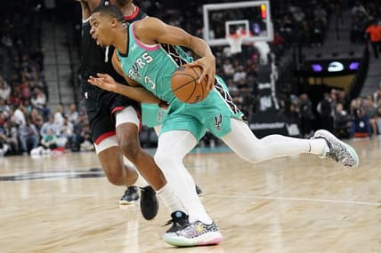 Dec 8, 2022; San Antonio, Texas, USA; San Antonio Spurs forward Keldon Johnson (3) drives to the basket during the first half against the Houston Rockets at AT&T Center. Mandatory Credit: Scott Wachter-USA TODAY Sports