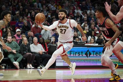 Dec 8, 2022; Portland, Oregon, USA; Denver Nuggets guard Jamal Murray (27) drives to the basket during the second half against the Portland Trail Blazers at Moda Center. The Nuggets won the game 121-120. Mandatory Credit: Troy Wayrynen-USA TODAY Sports