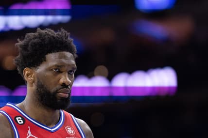 Dec 9, 2022; Philadelphia, Pennsylvania, USA; Philadelphia 76ers center Joel Embiid (21) looks on during the fourth quarter against the Los Angeles Lakers at Wells Fargo Center. Mandatory Credit: Bill Streicher-USA TODAY Sports