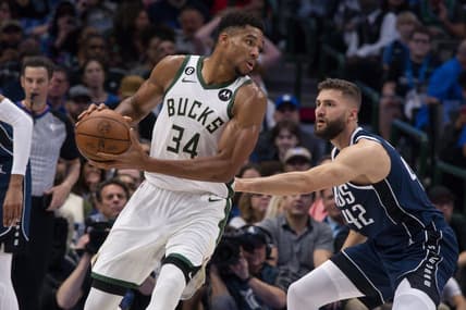 Dec 9, 2022; Dallas, Texas, USA; Milwaukee Bucks forward Giannis Antetokounmpo (34) looks to move to the basket past Dallas Mavericks forward Maxi Kleber (42) during the second quarter at the American Airlines Center. Mandatory Credit: Jerome Miron-USA TODAY Sports