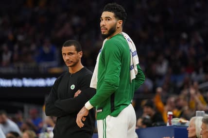 Dec 10, 2022; San Francisco, California, USA; Boston Celtics forward Jayson Tatum (0) stands next to head coach Joe Mazzulla during the fourth quarter against the Golden State Warriors at the Chase Center. Mandatory Credit: Cary Edmondson-USA TODAY Sports