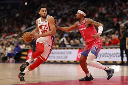 Dec 12, 2022; Washington, District of Columbia, USA; Brooklyn Nets guard Ben Simmons (10) drives to the basket as Washington Wizards guard Jordan Goodwin (7) defends in the second quarter at Capital One Arena. Mandatory Credit: Geoff Burke-USA TODAY Sports
