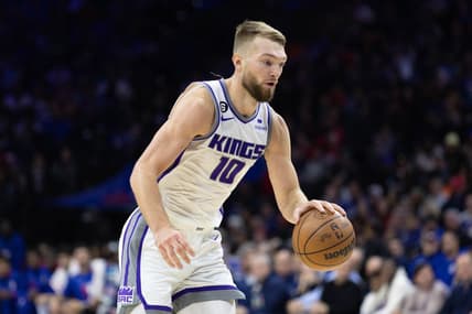 Dec 13, 2022; Philadelphia, Pennsylvania, USA; Sacramento Kings forward Domantas Sabonis (10) dribbles the ball against the Philadelphia 76ers during the second quarter at Wells Fargo Center. Mandatory Credit: Bill Streicher-USA TODAY Sports