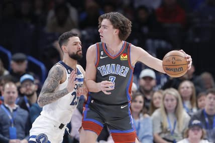 Dec 16, 2022; Oklahoma City, Oklahoma, USA; Oklahoma City Thunder guard Josh Giddey (3) is defended by Minnesota Timberwolves guard Austin Rivers (25) during the second quarter at Paycom Center. Mandatory Credit: Alonzo Adams-USA TODAY Sports