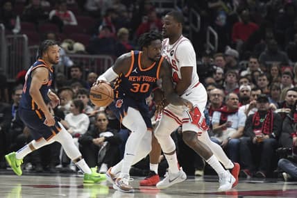 Dec 16, 2022; Chicago, Illinois, USA;  New York Knicks forward Julius Randle (30) dribbles against Chicago Bulls forward Javonte Green (24) during the first half at the United Center. Mandatory Credit: Matt Marton-USA TODAY Sports