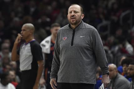 Dec 16, 2022; Chicago, Illinois, USA;  New York Knicks head coach Tom Thibodeau looks on against the Chicago Bulls during the first half at the United Center. Mandatory Credit: Matt Marton-USA TODAY Sports