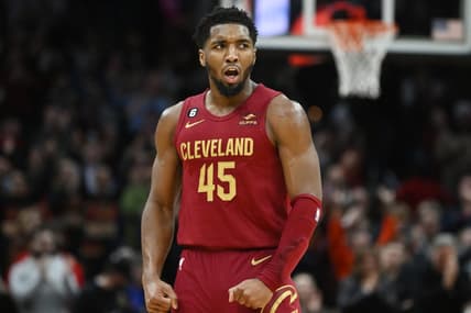 Dec 16, 2022; Cleveland, Ohio, USA; Cleveland Cavaliers guard Donovan Mitchell (45) reacts during the second half against the Indiana Pacers at Rocket Mortgage FieldHouse. Mandatory Credit: Ken Blaze-USA TODAY Sports