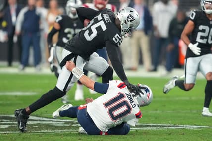 Dec 18, 2022; Paradise, Nevada, USA; Las Vegas Raiders defensive end Chandler Jones (55) stiff-arms New England Patriots quarterback Mac Jones (10) on the way to scoring a touchdown at the end of the second half at Allegiant Stadium. Mandatory Credit: Stephen R. Sylvanie-USA TODAY Sports