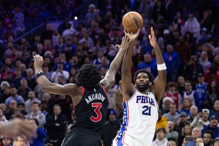 Dec 19, 2022; Philadelphia, Pennsylvania, USA; Philadelphia 76ers center Joel Embiid (21) shoots the ball over Toronto Raptors forward O.G. Anunoby (3) during the fourth quarter at Wells Fargo Center. Mandatory Credit: Bill Streicher-USA TODAY Sports