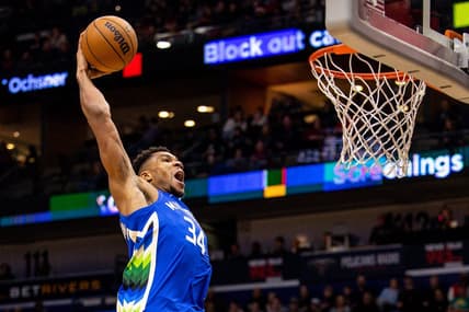Dec 19, 2022; New Orleans, Louisiana, USA; Milwaukee Bucks forward Giannis Antetokounmpo (34) dunks the ball against New Orleans Pelicans guard Dyson Daniels (11) during the second half at Smoothie King Center. Mandatory Credit: Stephen Lew-USA TODAY Sports