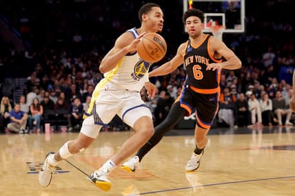 Dec 20, 2022; New York, New York, USA; Golden State Warriors guard Jordan Poole (3) controls the ball against New York Knicks guard Quentin Grimes (6) during the first quarter at Madison Square Garden. Mandatory Credit: Brad Penner-USA TODAY Sports