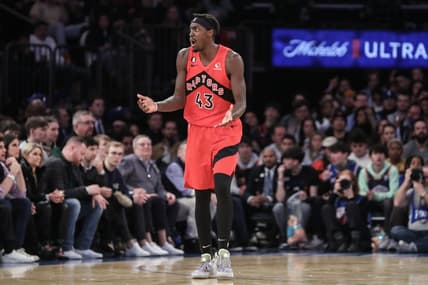 Dec 21, 2022; New York, New York, USA;  Toronto Raptors forward Pascal Siakam (43) reacts after being called for a foul in the third quarter against the New York Knicks at Madison Square Garden. Mandatory Credit: Wendell Cruz-USA TODAY Sports