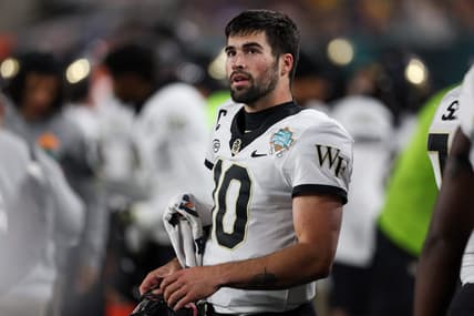 Dec 23, 2022; Tampa, Florida, USA; Wake Forest Demon Deacons quarterback Sam Hartman (10) looks on from the sidelines against the Missouri Tigers in the first quarter in the 2022 Gasparilla Bowl at Raymond James Stadium. Mandatory Credit: Nathan Ray Seebeck-USA TODAY Sports