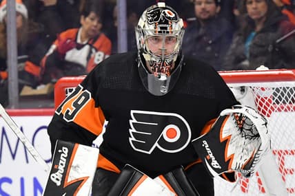 Dec 17, 2022; Philadelphia, Pennsylvania, USA; Philadelphia Flyers goaltender Carter Hart (79) against the New York Rangers at Wells Fargo Center. Mandatory Credit: Eric Hartline-USA TODAY Sports