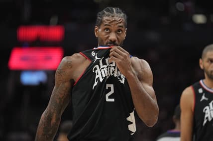 Dec 27, 2022; Toronto, Ontario, CAN; LA Clippers forward Kawhi Leonard (2) comes off the court during a time-out against the Toronto Raptors during the first half at Scotiabank Arena. Mandatory Credit: John E. Sokolowski-USA TODAY Sports