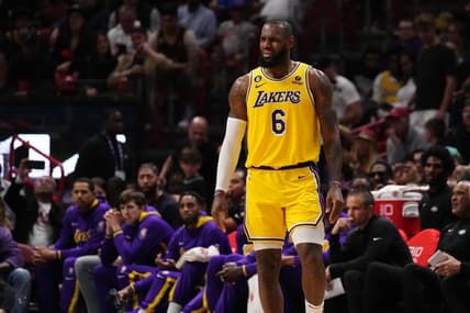 Dec 28, 2022; Miami, Florida, USA; Los Angeles Lakers forward LeBron James (6) reacts after a foul call on the court during the first half against the Miami Heat at FTX Arena. Mandatory Credit: Jasen Vinlove-USA TODAY Sports