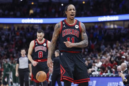 Dec 28, 2022; Chicago, Illinois, USA; Chicago Bulls forward DeMar DeRozan (11) reacts against the Milwaukee Bucks in overtime at United Center. Mandatory Credit: Kamil Krzaczynski-USA TODAY Sports